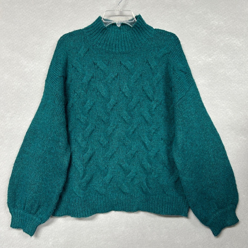 Nine West Womens L Sweater Teal Blue Cable Knit Balloon Sleeve Mock Neck Cozy